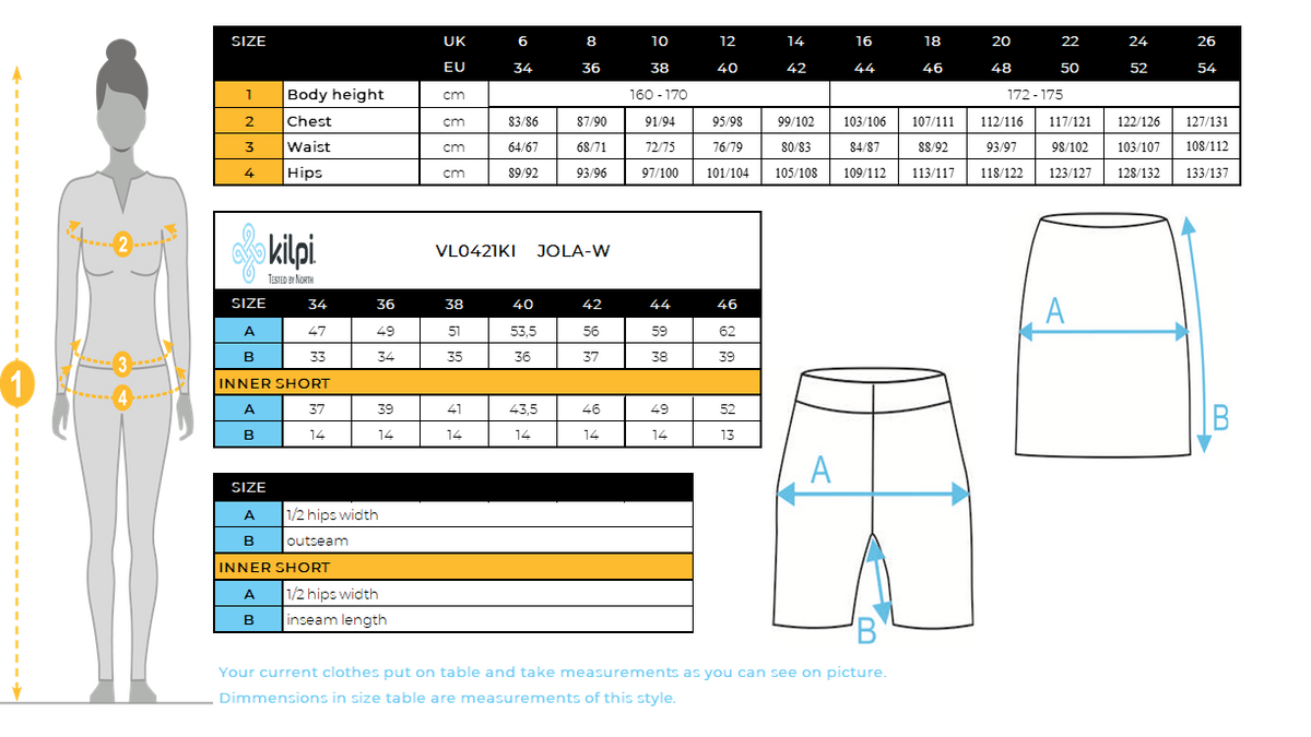 Women's cycling skirt Kilpi JOLA-W – Size chart