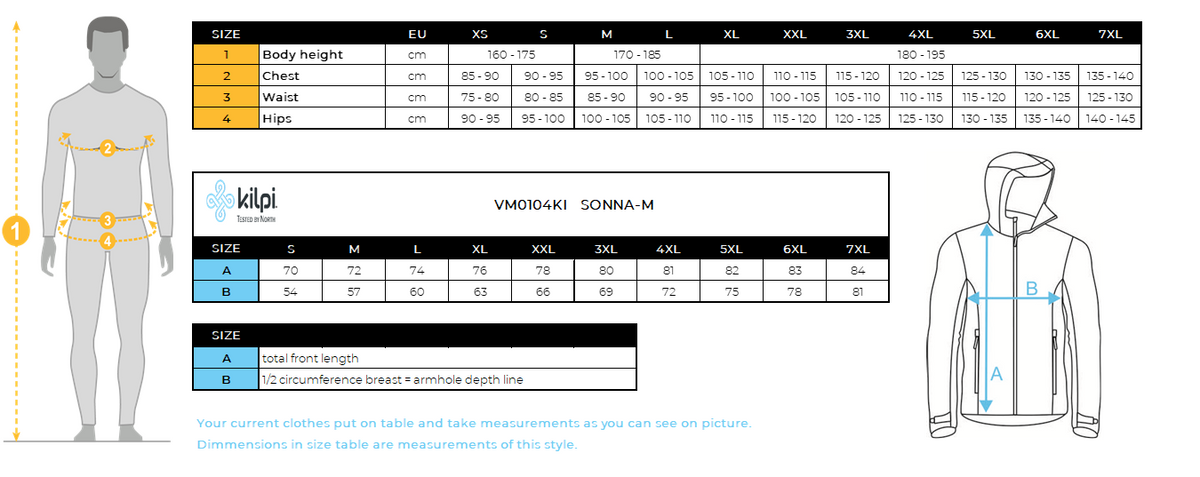 Men's outdoor jacket Kilpi SONNA-M – Size chart
