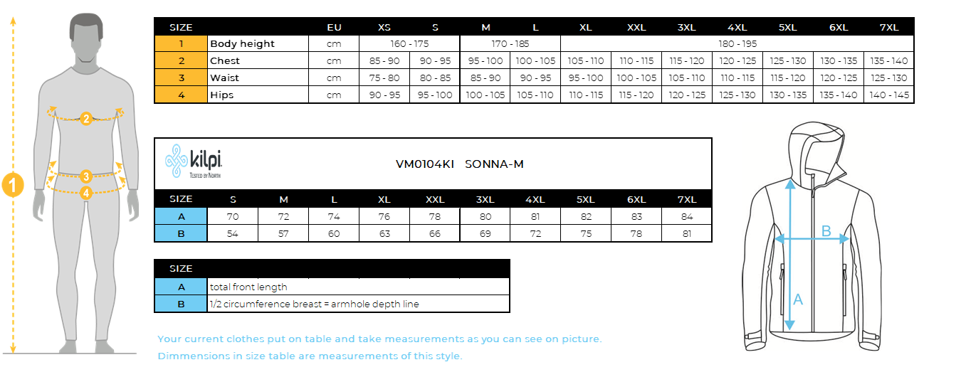 Men's outdoor jacket Kilpi SONNA-M – Size chart