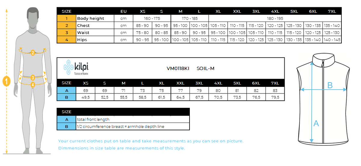 Men's softshell vest Kilpi SOIL-M – Size chart
