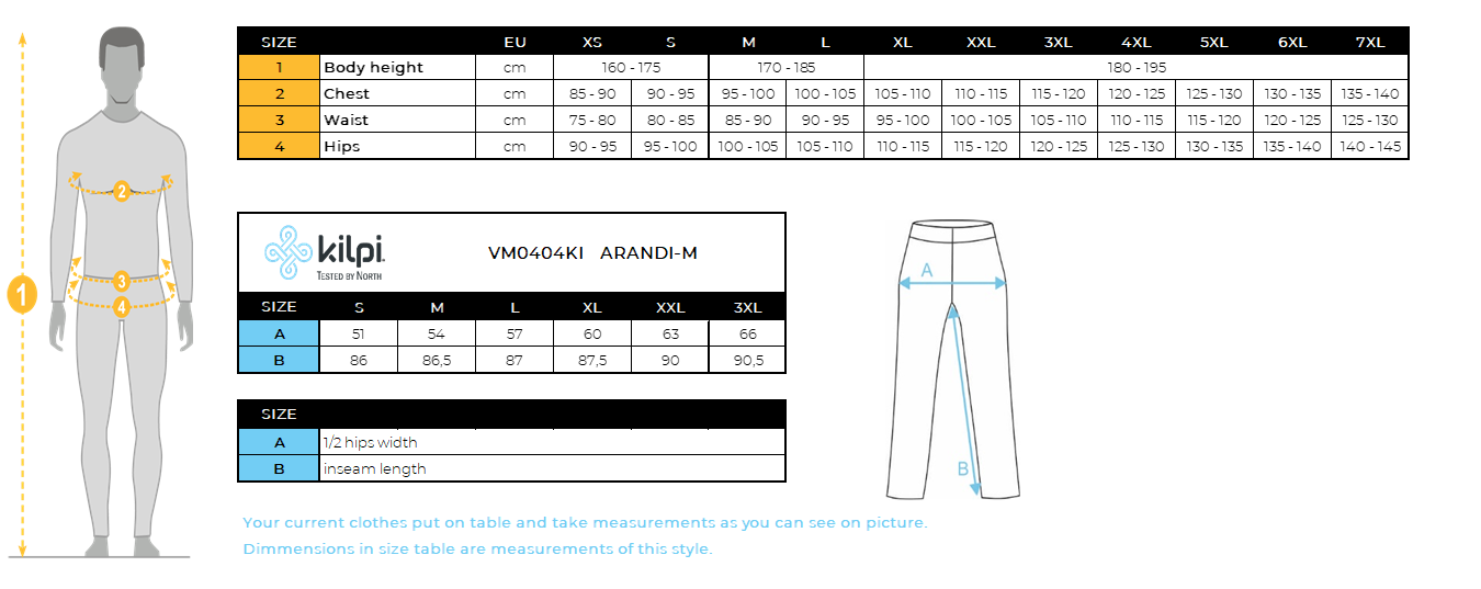 Men's outdoor pants Kilpi ARANDI-M – Size chart