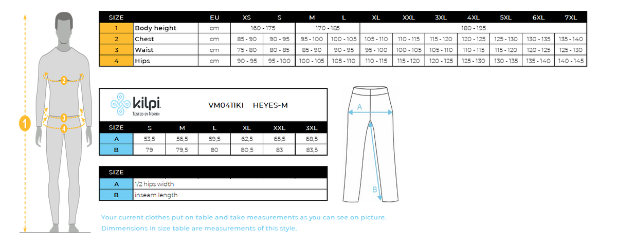 Men's running pants Kilpi HEYES-M – Size chart