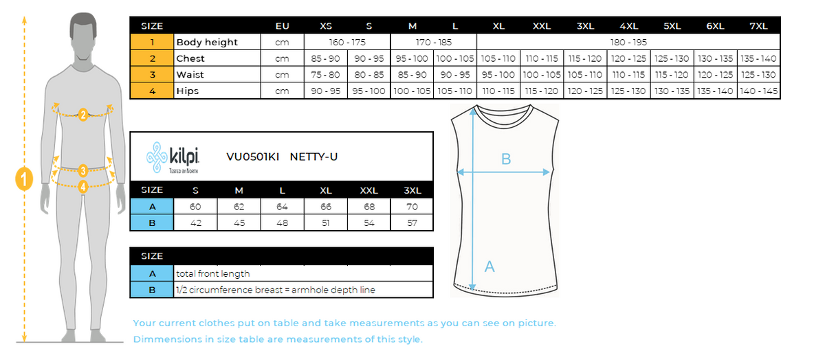 Unisex functional top Kilpi NETTY-U – Size chart