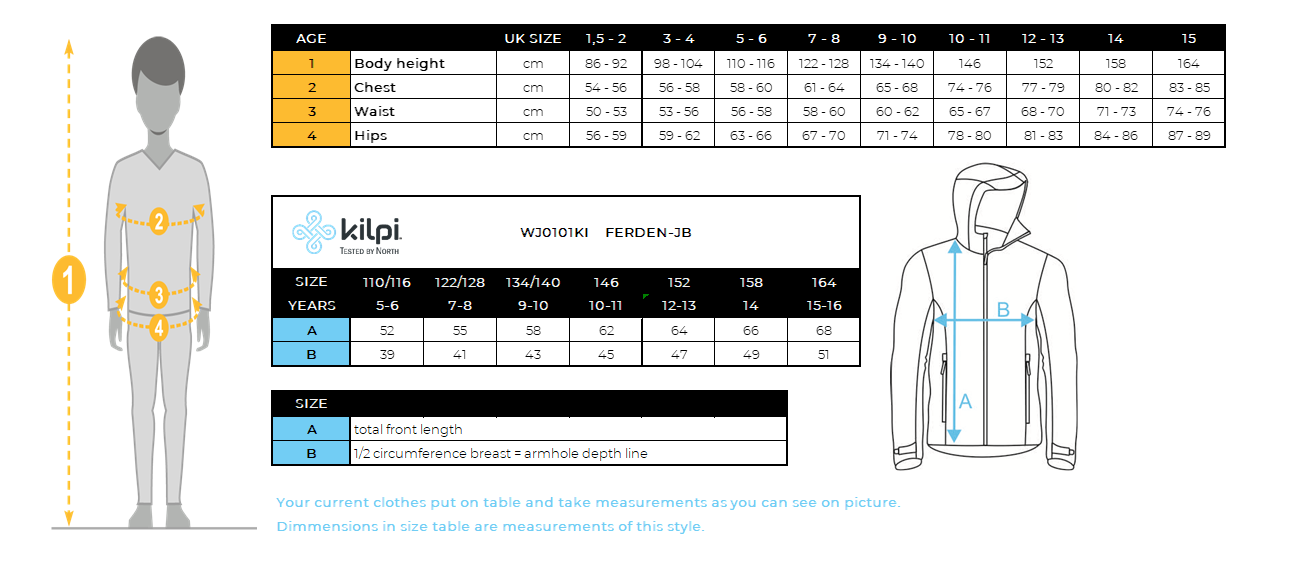 Boy's ski jacket Kilpi FERDEN-JB – Size chart