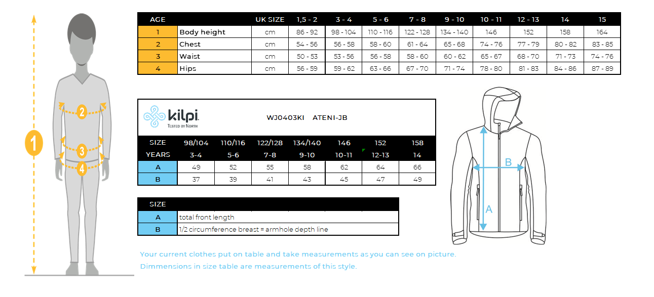Boy's ski jacket Kilpi ATENI-JB – Size chart