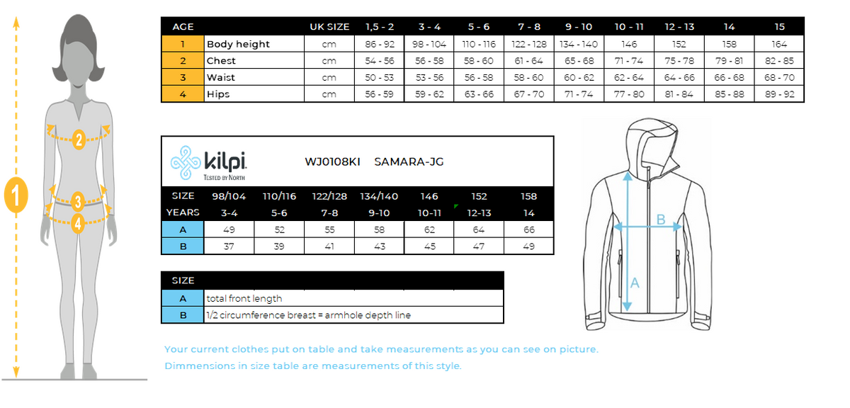 Girl's ski jacket Kilpi SAMARA-JG – Size chart