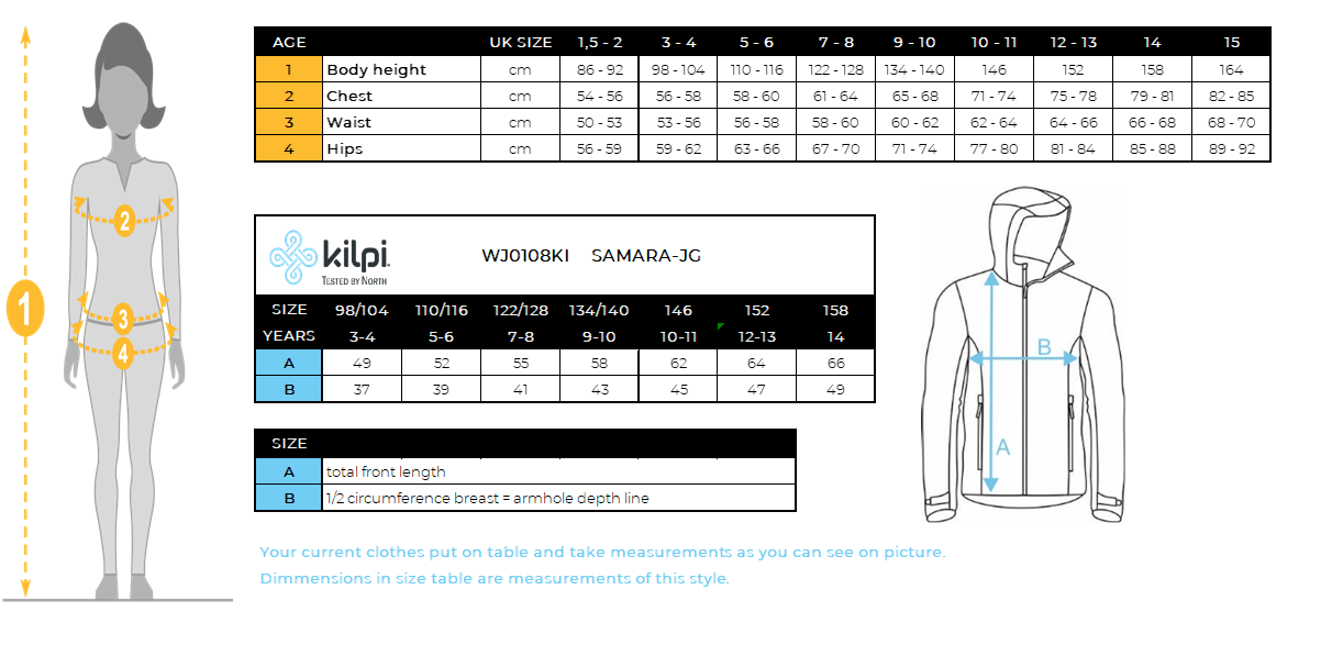 Girl's ski jacket Kilpi SAMARA-JG – Size chart