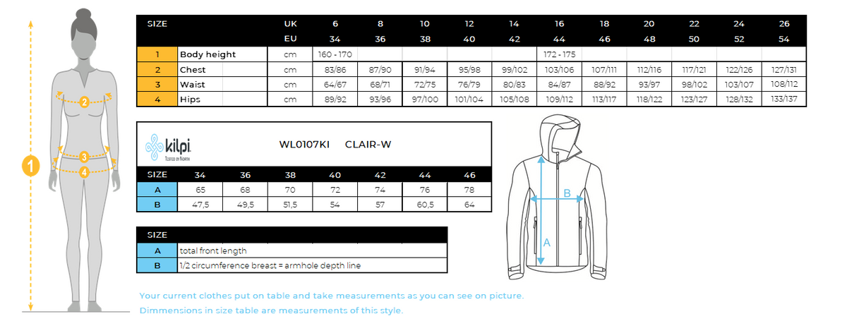 Women's ski jacket with integrated heating Kilpi CLAIR-W – Size chart