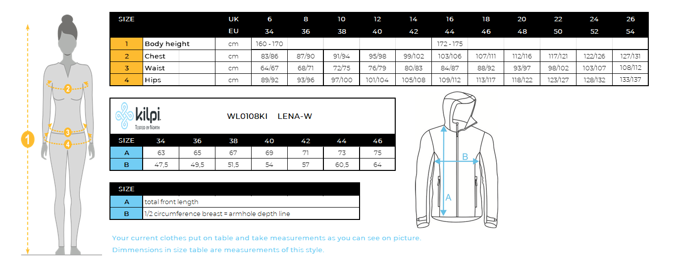 Women's ski jacket with integrated heating system Kilpi LENA-W – Size chart