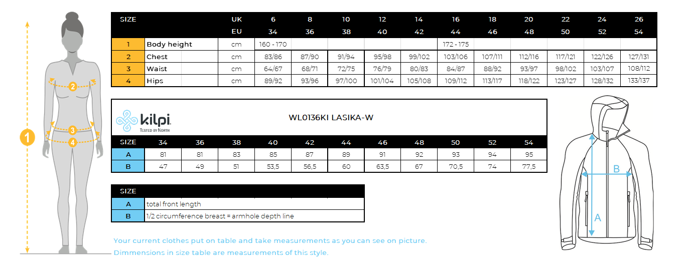 Women's softshell coat Kilpi LASIKA-W – Size chart