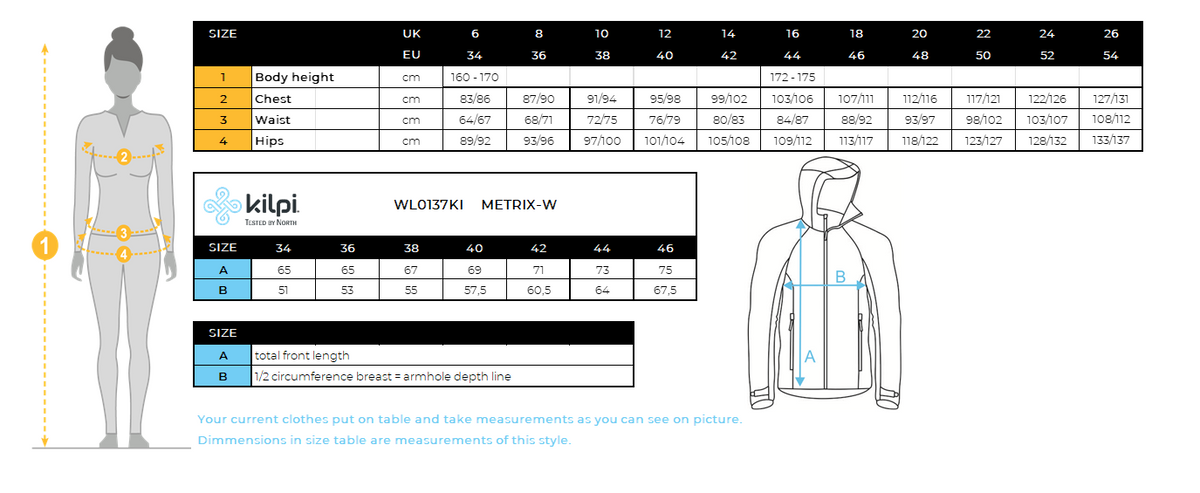 Women's waterproof outdoor jacket Kilpi METRIX-W – Size chart