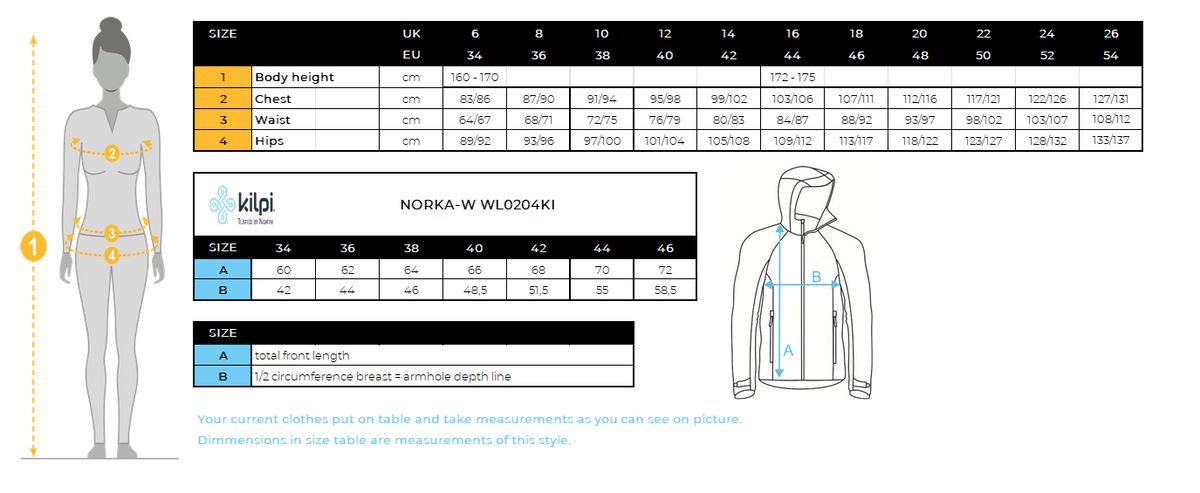 Women's hairy fleece hoodie Kilpi NORKA-W – Size chart