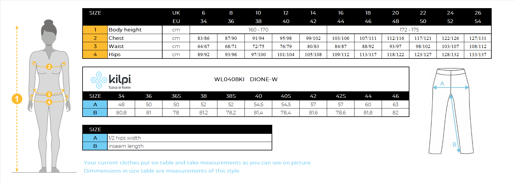 Women's ski softshell pants Kilpi DIONE-W – Size chart