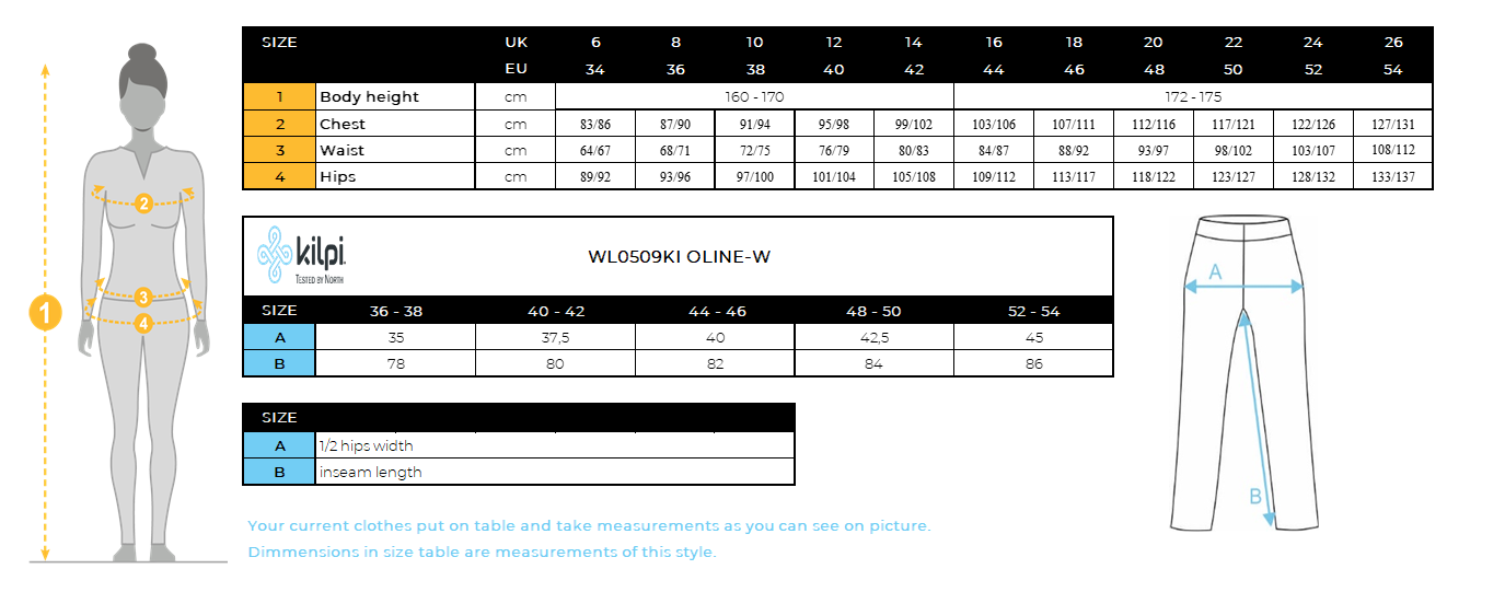 Women's seamless thermal underwear Kilpi OLINE-W – Size chart