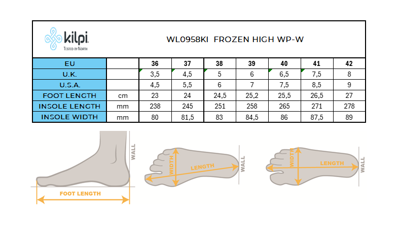 Women's high snowshoes Kilpi FROZEN HIGH WP-W – Size chart