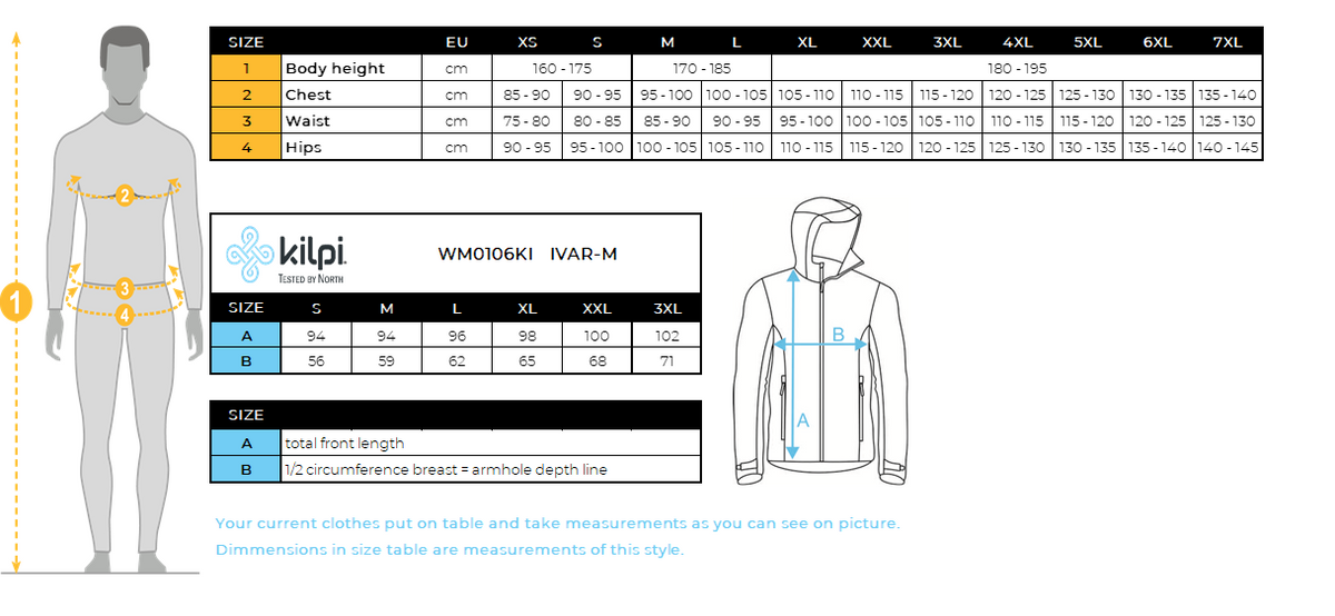 Men's waterproof coat Kilpi IVAR-M – Size chart