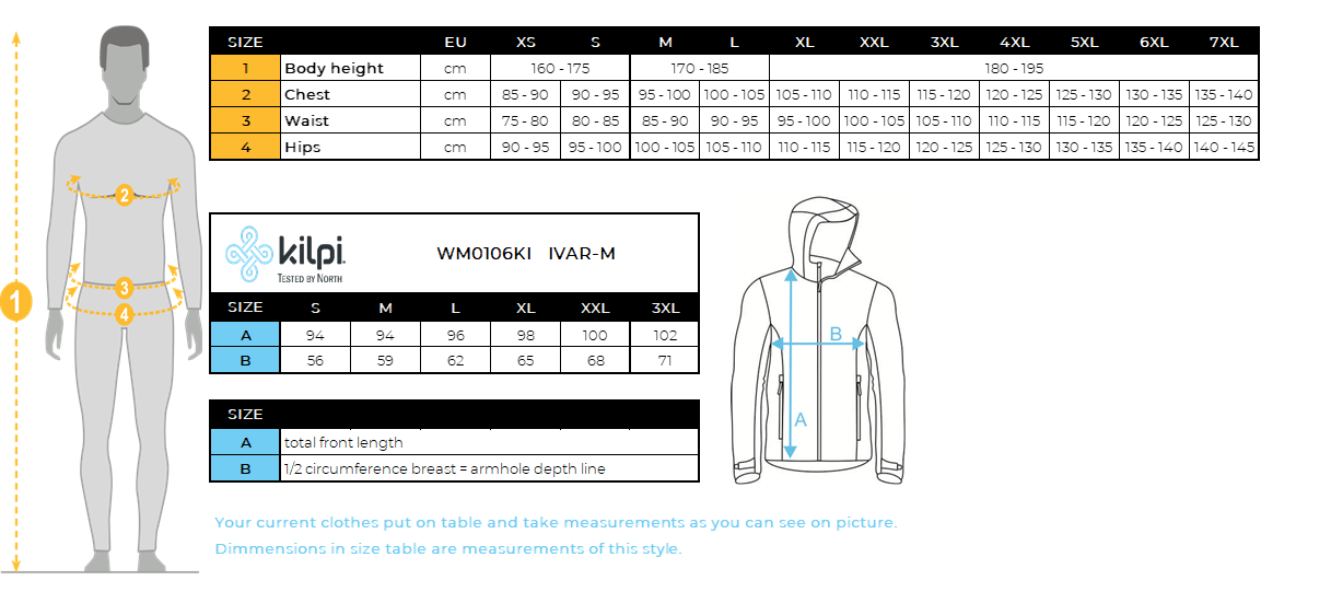 Men's waterproof coat Kilpi IVAR-M – Size chart
