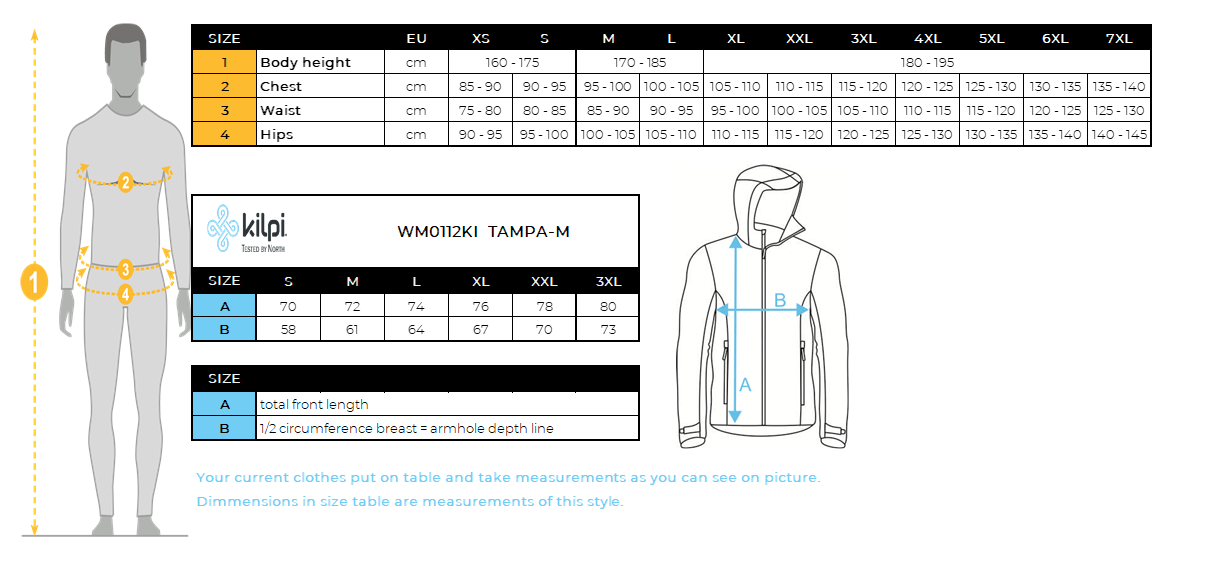 Men's ski jacket Kilpi TAMPA-M – Size chart