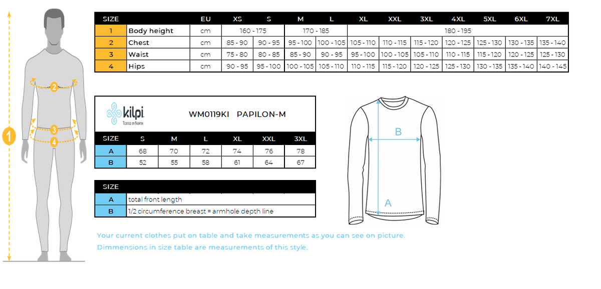 Men's down jacket Kilpi PAPILON-M – Size chart