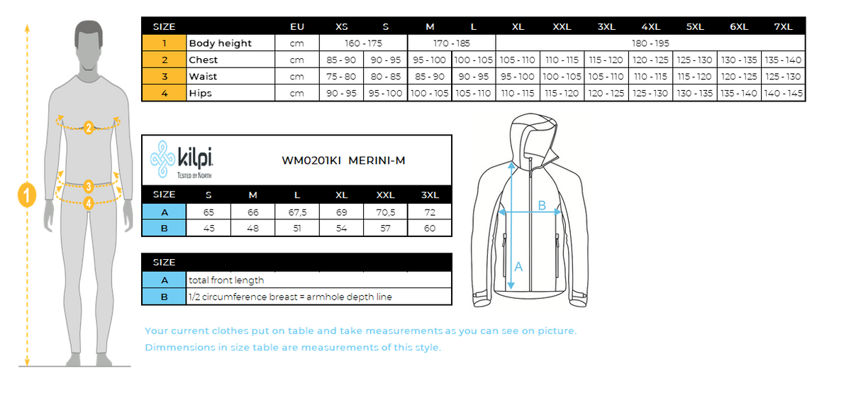 Men's merino sweater with hood Kilpi MERINI-M – Size chart