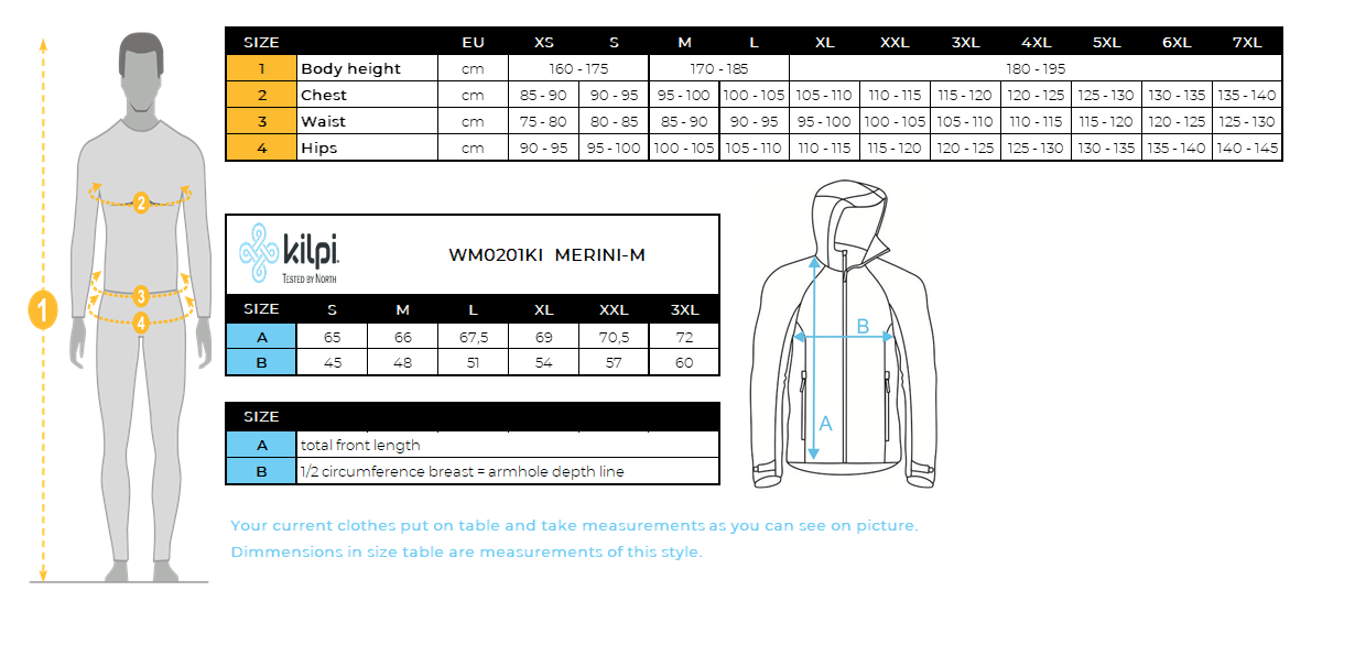 Men's merino sweater with hood Kilpi MERINI-M – Size chart