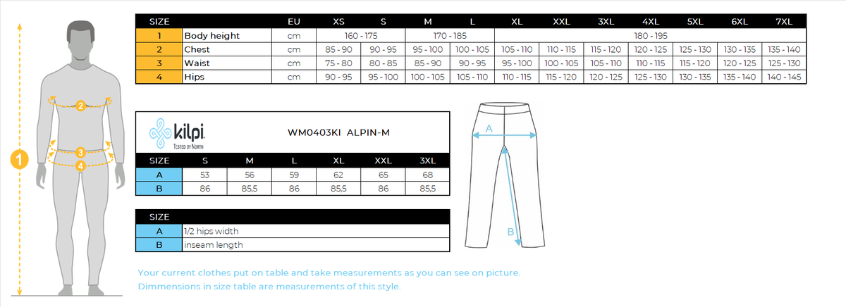 Men's waterproof hardshell pants Kilpi ALPIN-M – Size chart