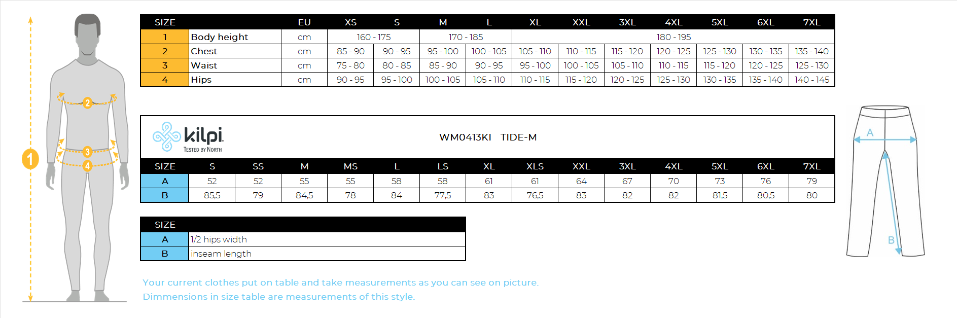 Men's outdoor pants Kilpi TIDE-M – Size chart