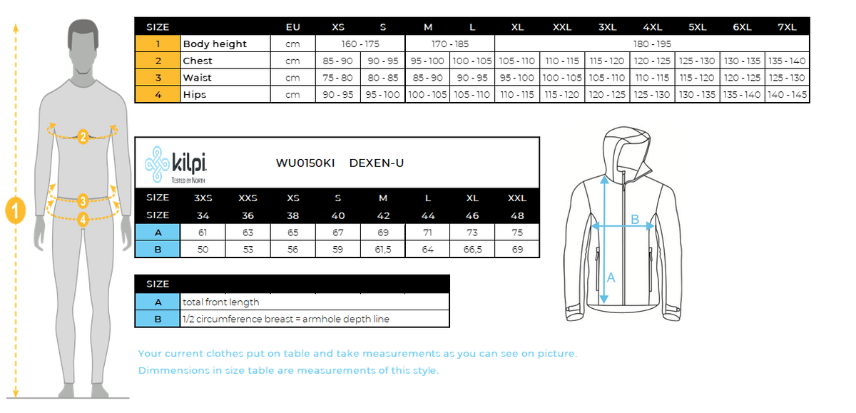 Premium unisex ski jacket Kilpi DEXEN-U – Size chart