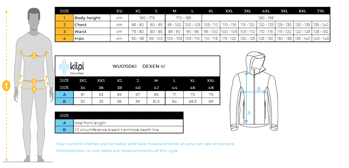 Premium unisex ski jacket Kilpi DEXEN-U – Size chart