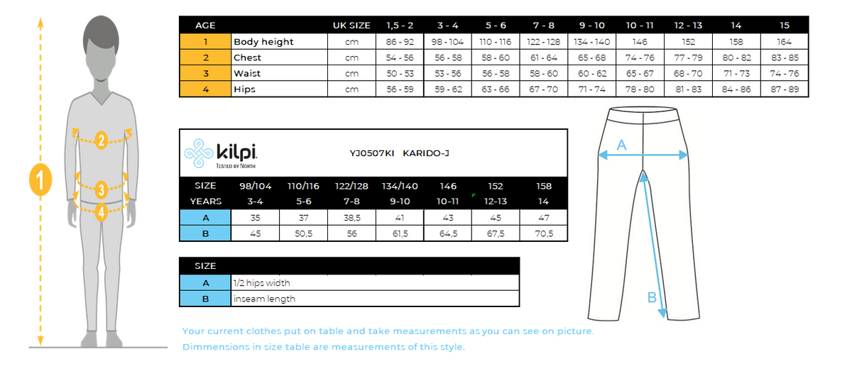 Kid's outdoor pants Kilpi KARIDO-J – Size chart