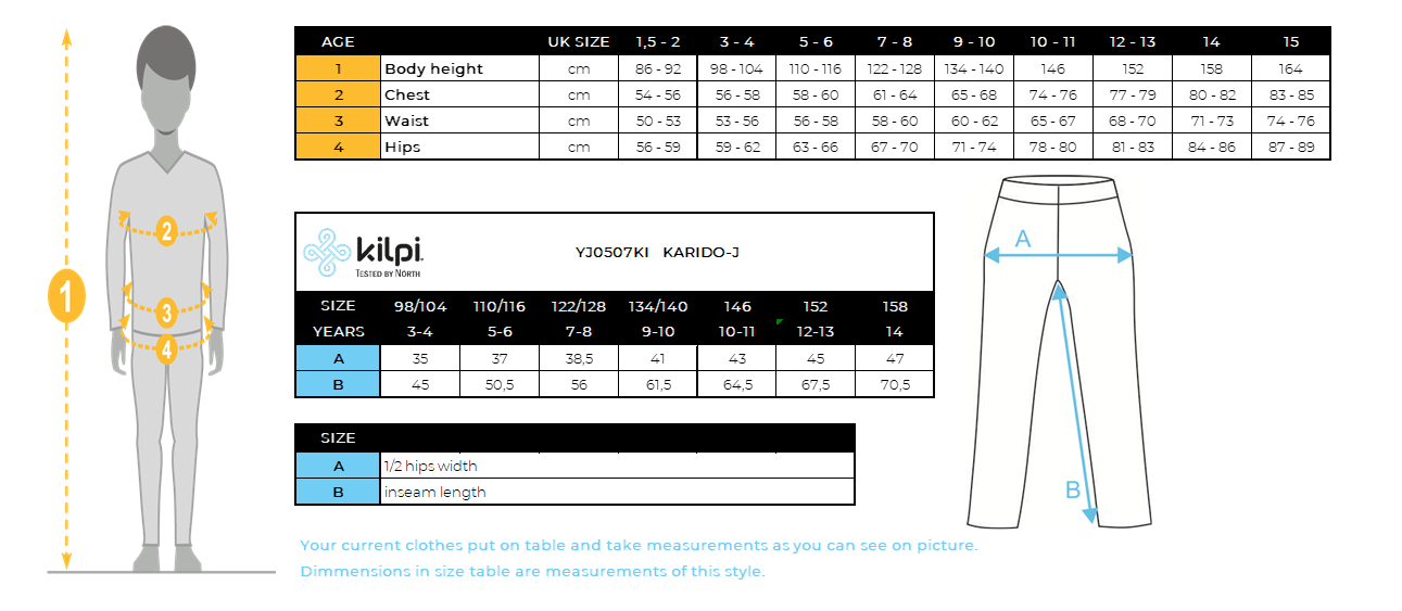 Kid's outdoor pants Kilpi KARIDO-J – Size chart