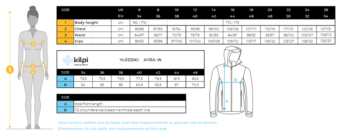 Women's outdoor coat Kilpi AYRA-W – Size chart
