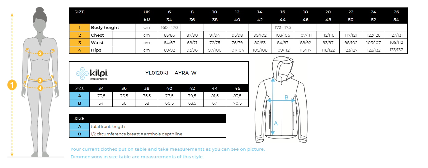 Women's outdoor coat Kilpi AYRA-W – Size chart