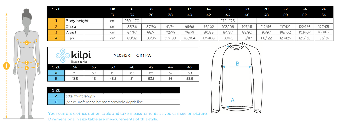 Women's long sleeve technical T-shirt Kilpi GIMI-W – Size chart
