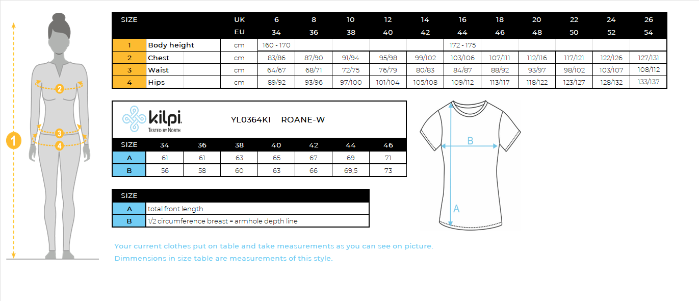 Women's cotton T-shirt roane w Kilpi ROANE-W – Size chart