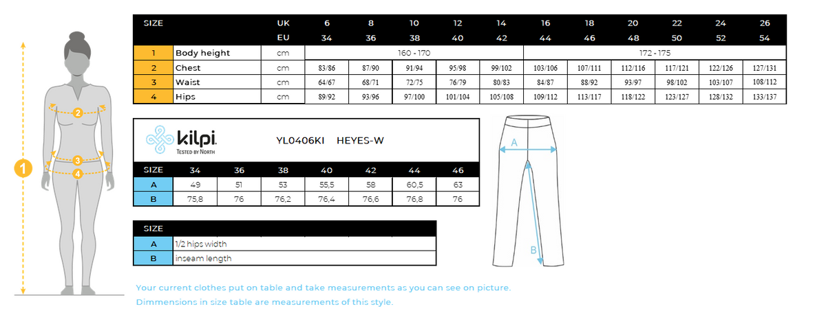 Women's running pants Kilpi HEYES-W – Size chart