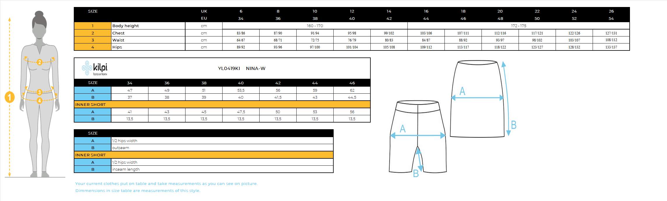 Women's outdoor skirt with inner shorts Kilpi NINA-W – Size chart