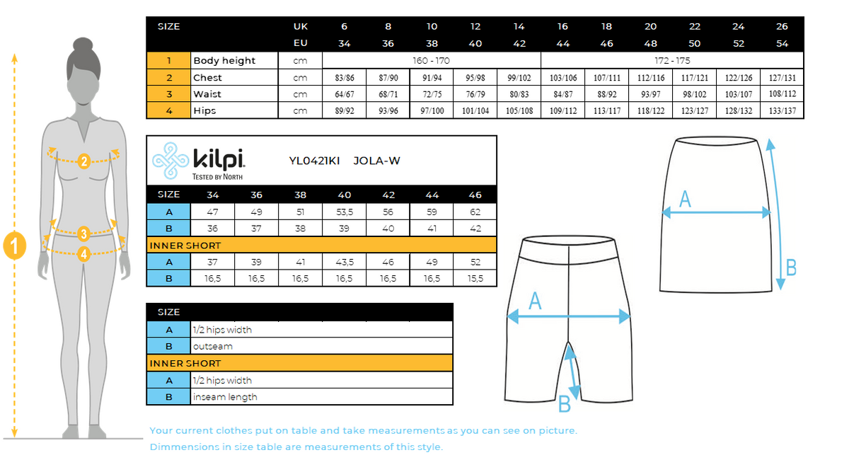 Women's cycling skirt Kilpi JOLA-W – Size chart