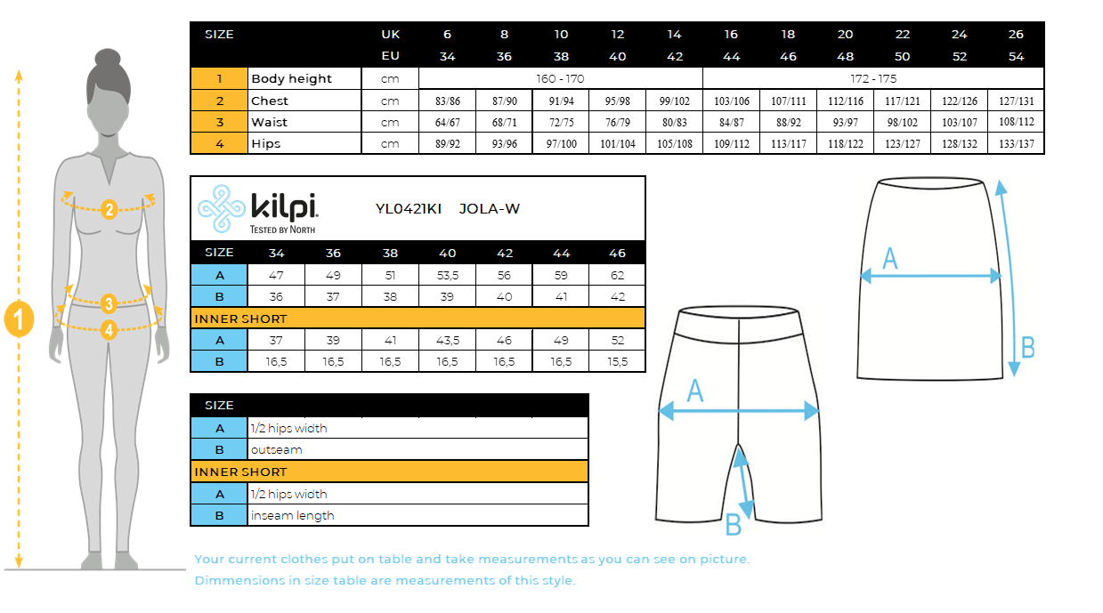 Women's cycling skirt Kilpi JOLA-W – Size chart