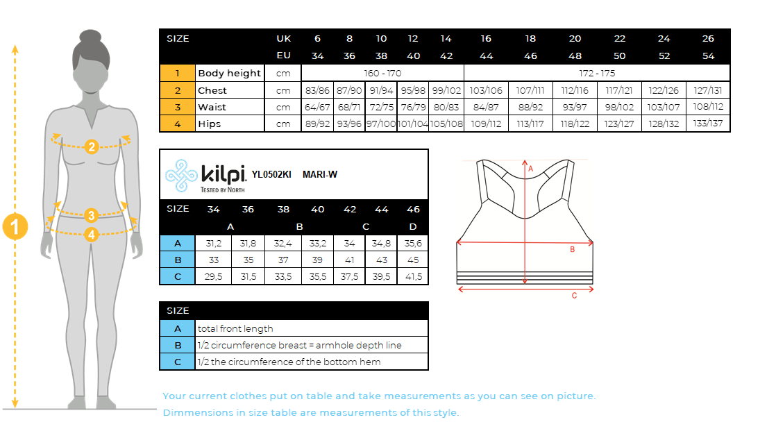 Women's sports bra Kilpi MARI-W – Size chart