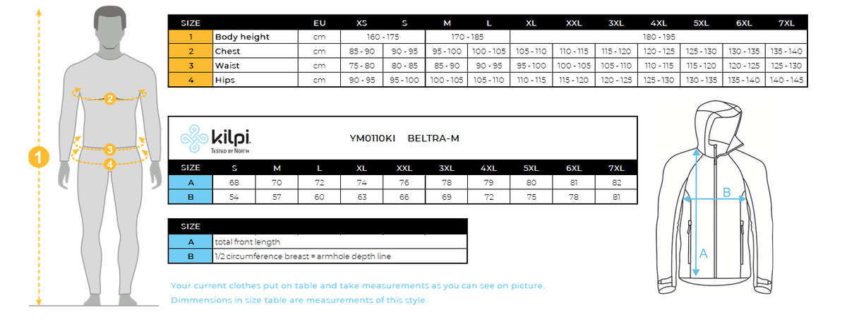 Men's softshell jacket Kilpi BELTRA-M – Size chart
