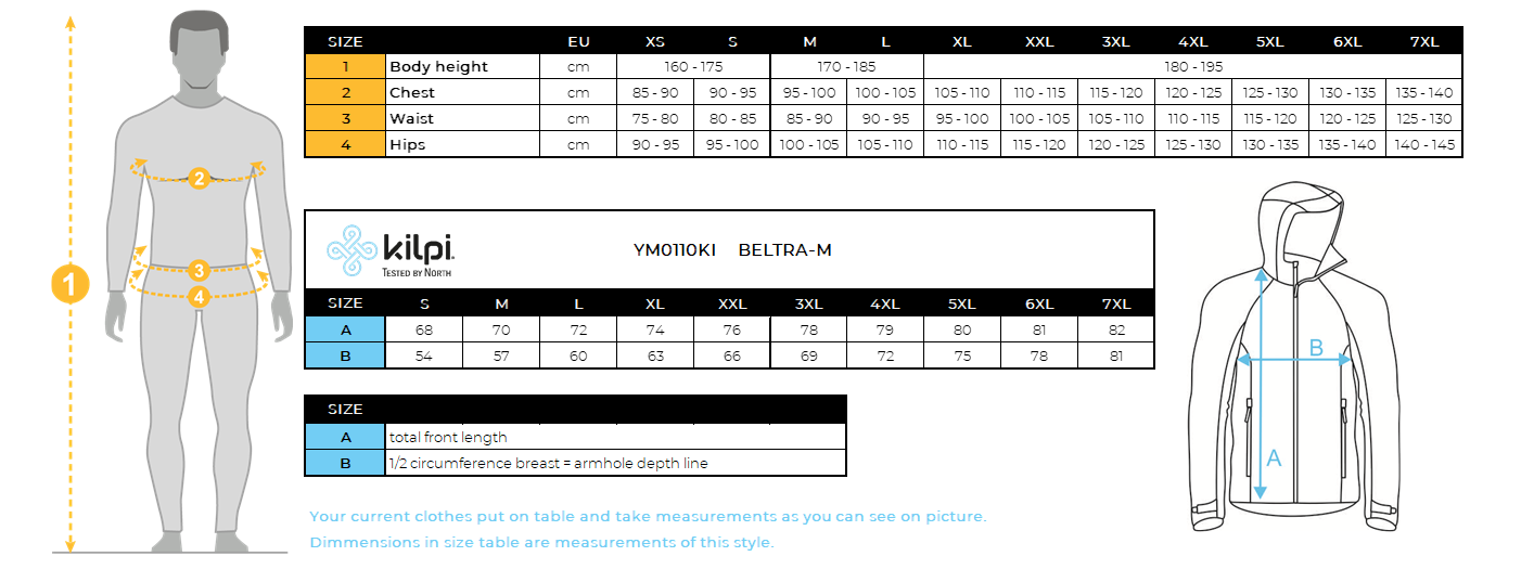 Men's softshell jacket Kilpi BELTRA-M – Size chart
