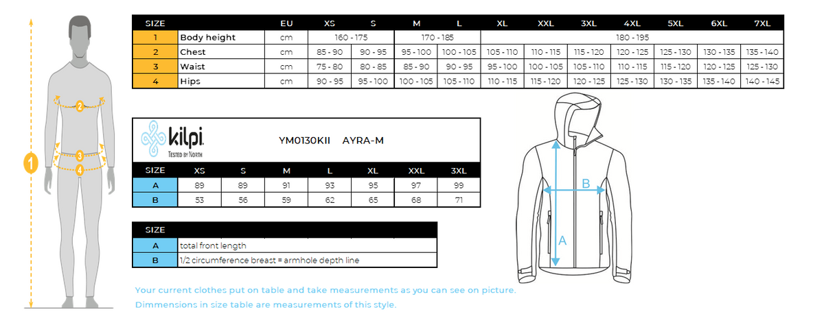 Men's outdoor coat Kilpi AYRA-M – Size chart