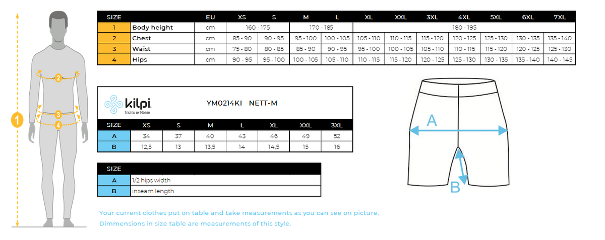 Men's technical boxers 2 pack Kilpi 2P NETT-M – Size chart