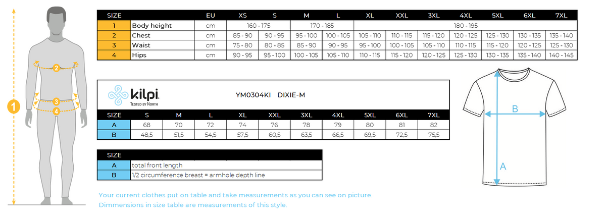 Men's functional T-shirt Kilpi DIXIE-M – Size chart