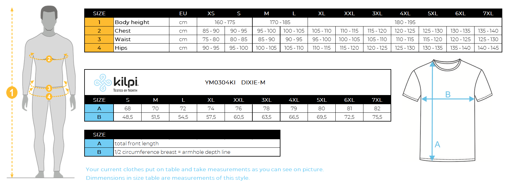 Men's functional T-shirt Kilpi DIXIE-M – Size chart