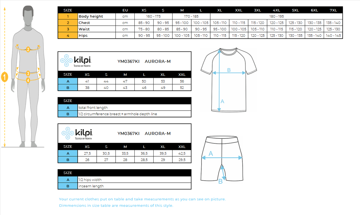 Men's cycling skinsuit Kilpi AURORA-M – Size chart