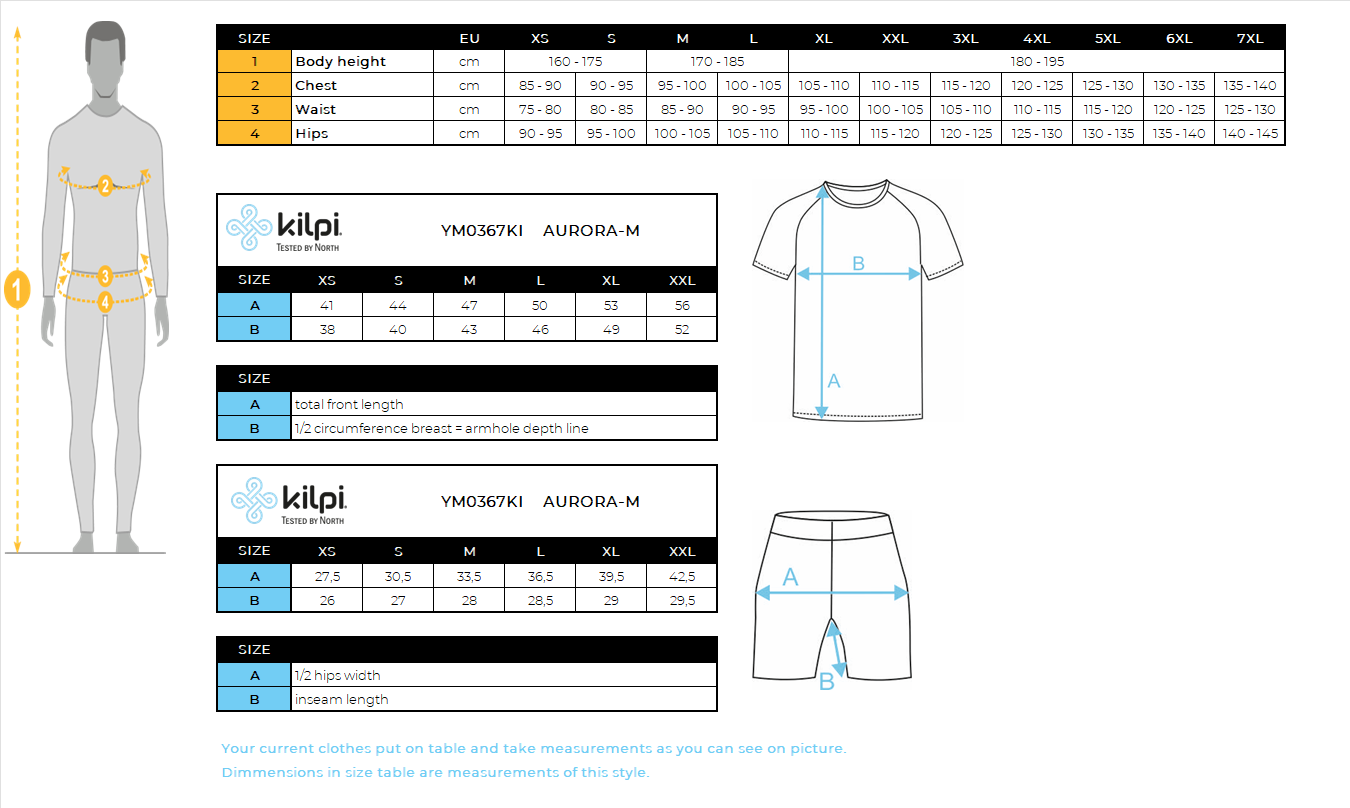 Men's cycling skinsuit Kilpi AURORA-M – Size chart