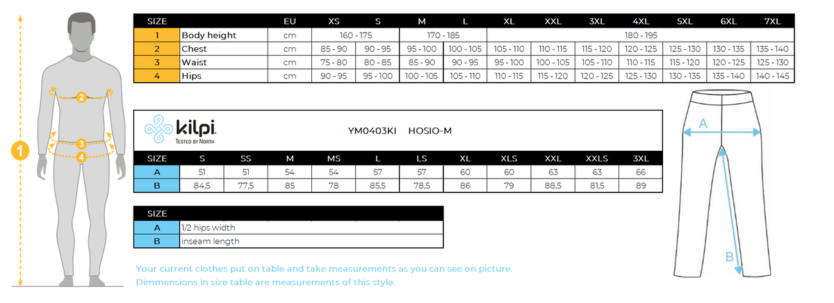 Men's outdoor pants Kilpi HOSIO-M – Size chart