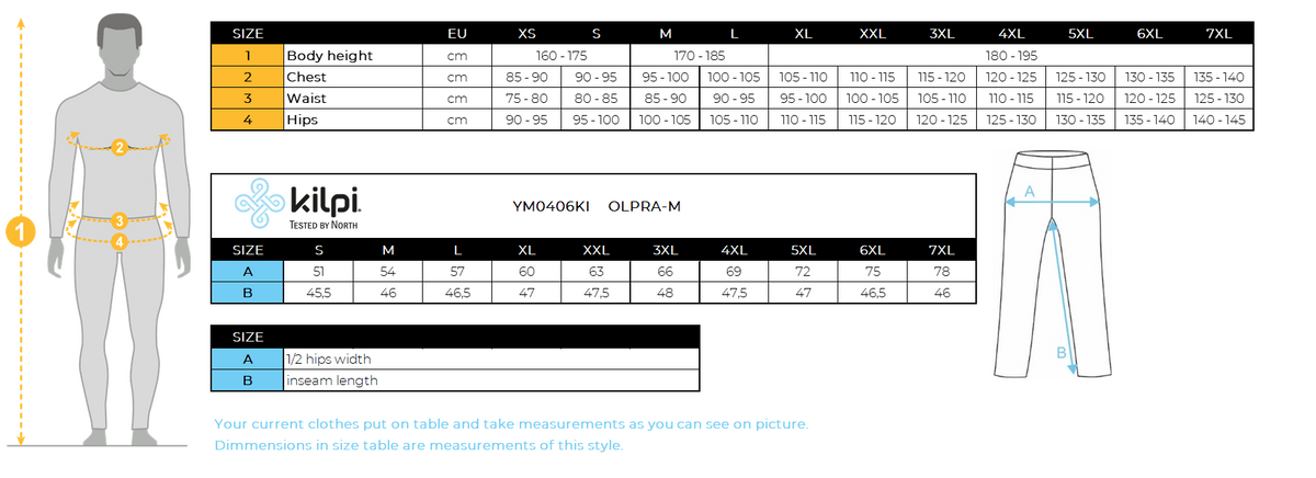 Men's 3/4 outdoor pants Kilpi OLPRA-M – Size chart